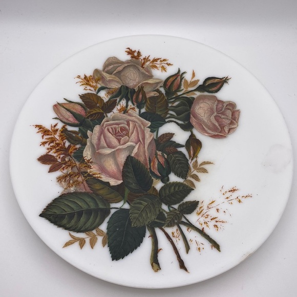 Vintage Other - Vintage Pink Roses Hand-Painted Milk Glass Plate